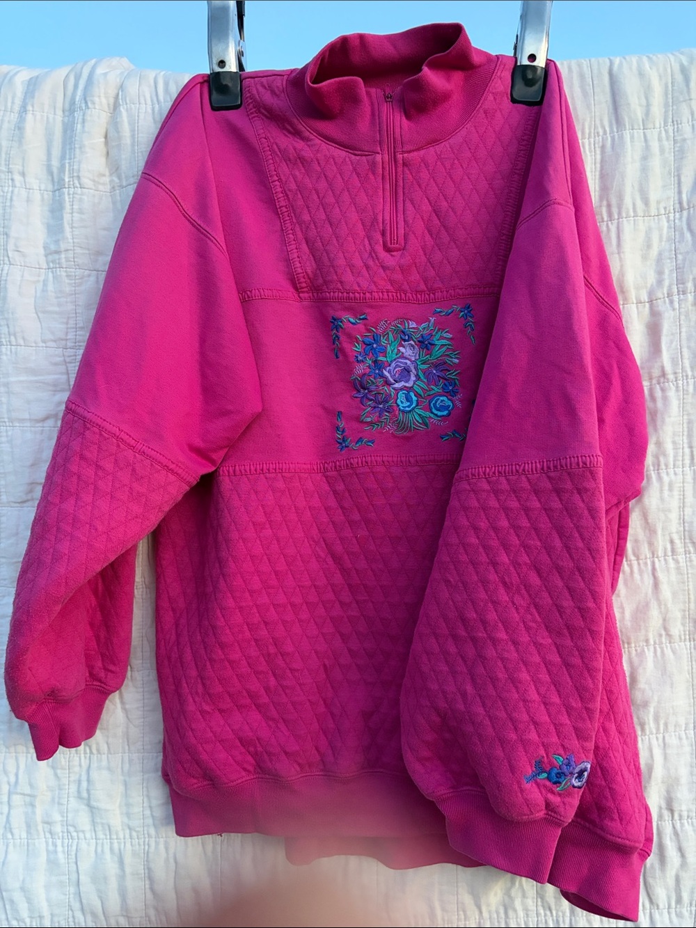 Girls' Hot Pink Quilted Pullover Jacket with Floral Embroidery grannycore